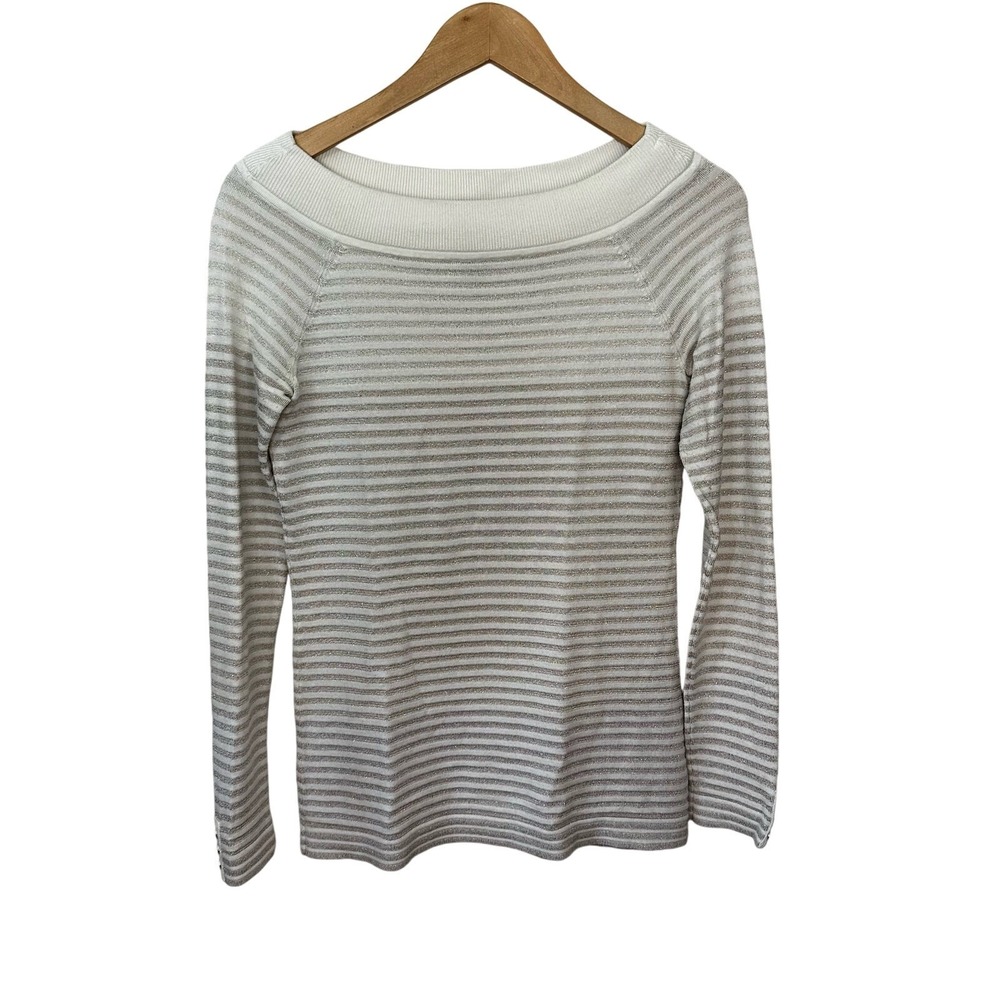 White House‎ Black Market Womens Small Knit Top Cream Gold Metallic Stripe